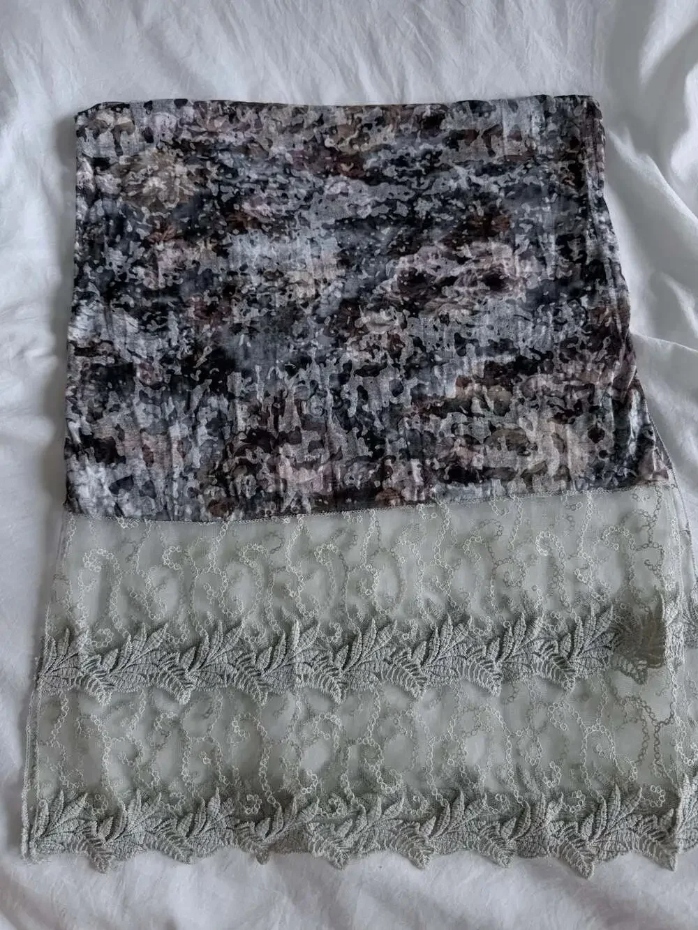 Cost Plus World Market Gray Floral Print Scarf with Lace Trim